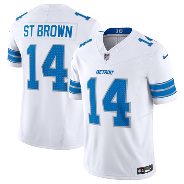 Men's Detroit Lions #14 Amon-Ra St. Brown White 2024 F.U.S.E. Vapor Limited Stitched Jersey - Click Image to Close