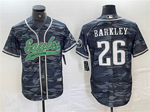 Men's Philadelphia Eagles #26 Saquon Barkley Gray Camo Cool Base Baseball Stitched Jersey - Click Image to Close