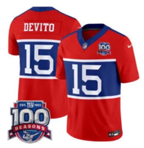 Men's New York Giants #15 Tommy DeVito Century Red F.U.S.E. 100TH Season Commemorative Patch Limited Football Stitched Jersey