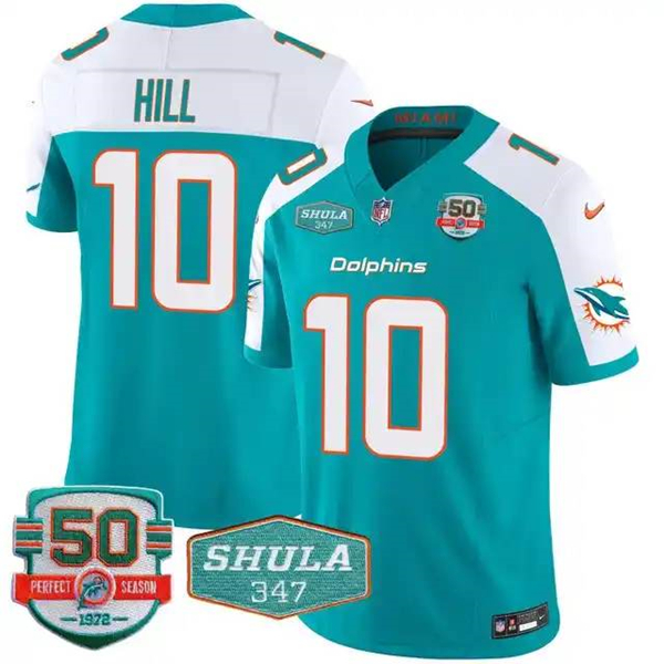 Men's Miami Dolphins #10 Tyreek Hill Aqua F.U.S.E With 347 Shula Patch And 50th Perfect Season Patch Vapor Limited Football Stitched Jersey