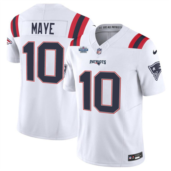 Men's New England Patriots #10 Drake Maye White 2024 With Draft Patch F.U.S.E Vapor Limited Football Stitched Jersey