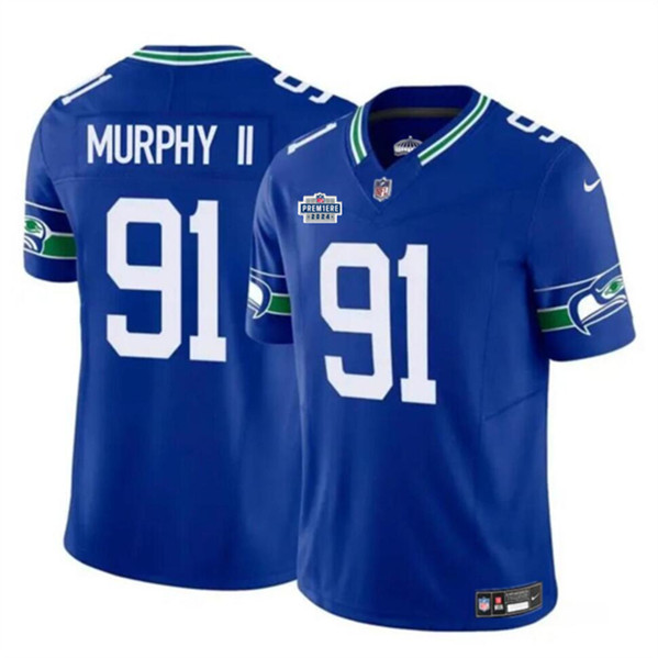 Men's Seattle Seahawks #91 Byron Murphy II Royal 2024 With Dradt Patch F.U.S.E Throwback Vapor Limited Football Stitched Jersey