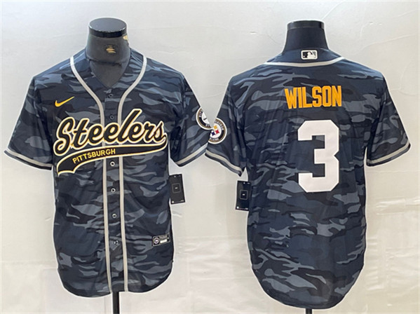 Men's Pittsburgh Steelers #3 Russell Wilson Gray Camo With Patch Cool Base Stitched Baseball Jersey - Click Image to Close