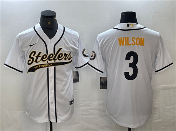 Men's Pittsburgh Steelers #3 Russell Wilson White With Patch Cool Base Stitched Baseball Jersey - Click Image to Close