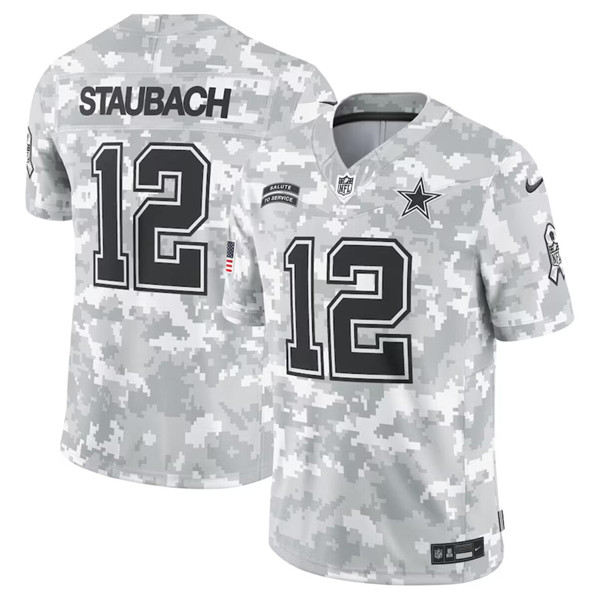 Men's Dallas Cowboys #12 Roger Staubach Arctic Camo 2024 F.U.S.E. Salute to Service Limited Football Stitched Jersey