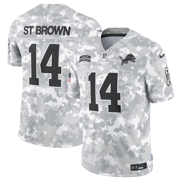 Men's Detroit Lions #14 Amon-Ra St. Brown Arctic Camo 2024 F.U.S.E. Salute to Service Limited Football Stitched Jersey