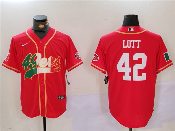 Men's San Francisco 49ers #42 Ronnie Lott Red Mexico With Patch Stitched Baseball Jersey - Click Image to Close