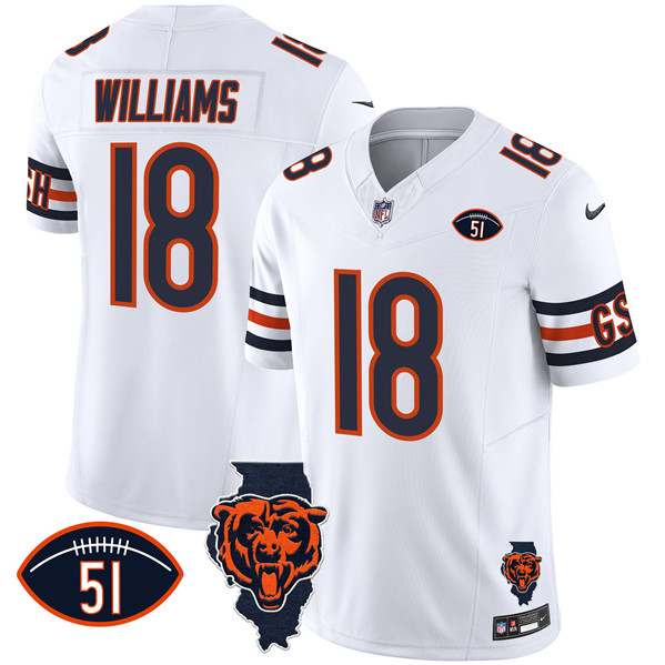 Men's Chicago Bears #18 Caleb Williams White F.U.S.E. With Illinois and No. 51 Patch Football Stitched Jersey