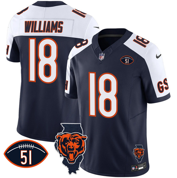 Men's Chicago Bears #18 Caleb Williams White/Navy F.U.S.E. With Illinois and No. 51 Patch Football Stitched Jersey