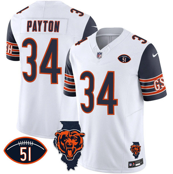 Men's Chicago Bears #34 Walter Payton White F.U.S.E. With Illinois and No. 51 Patch Football Stitched Jersey