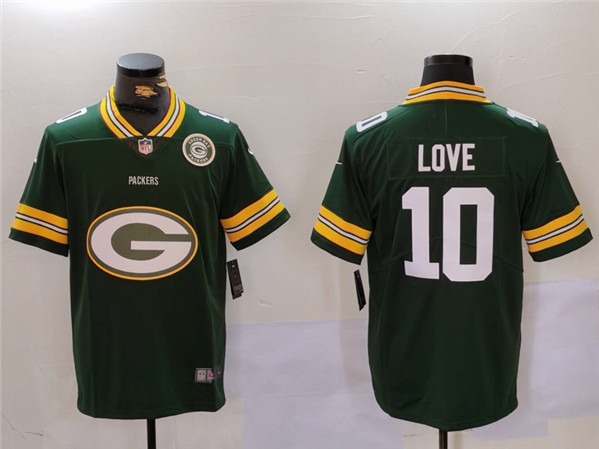 Men's Green Bay Packers #10 Jordan Love Green Big Logo With Patch Vapor Limited football Stitched Jersey