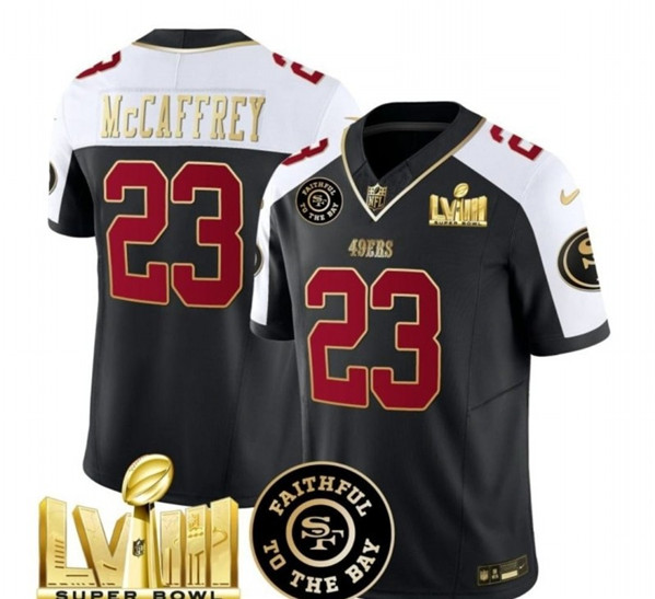 Men's San Francisco 49ers #23 Christian McCaffrey Black/White 2024 F.U.S.E. Super Bowl LVIII Patch Alternate Vapor Limited Football Stitched Jersey