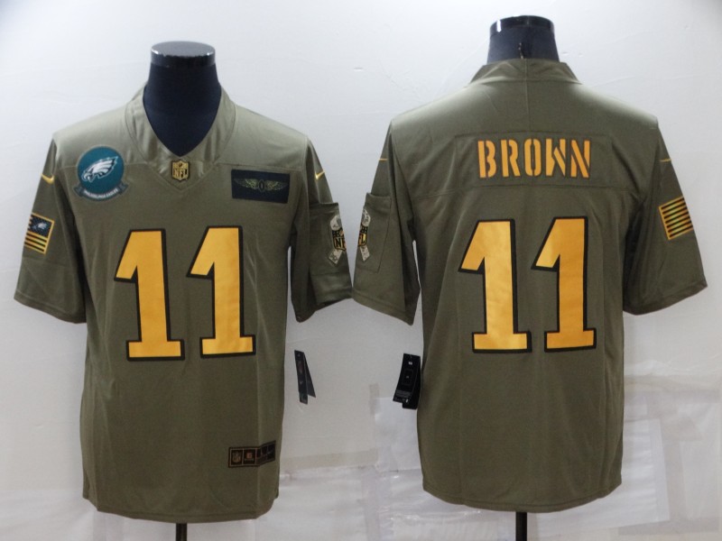 Men's Philadelphia Eagles #11 A. J. Brown Olive/Gold Salute To Service Limited Stitched Jersey