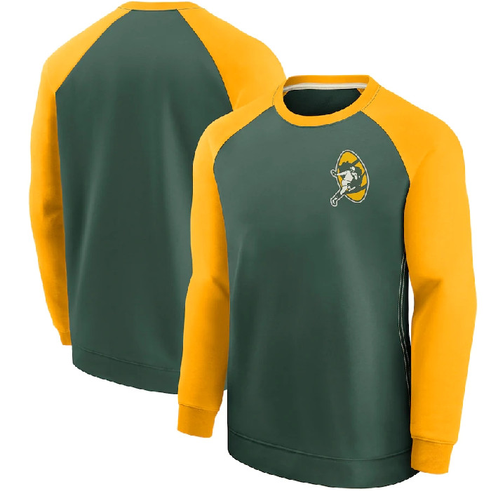 Men's Green Bay Packers Green/Yellow Historic Raglan Crew Performance Sweater - Click Image to Close