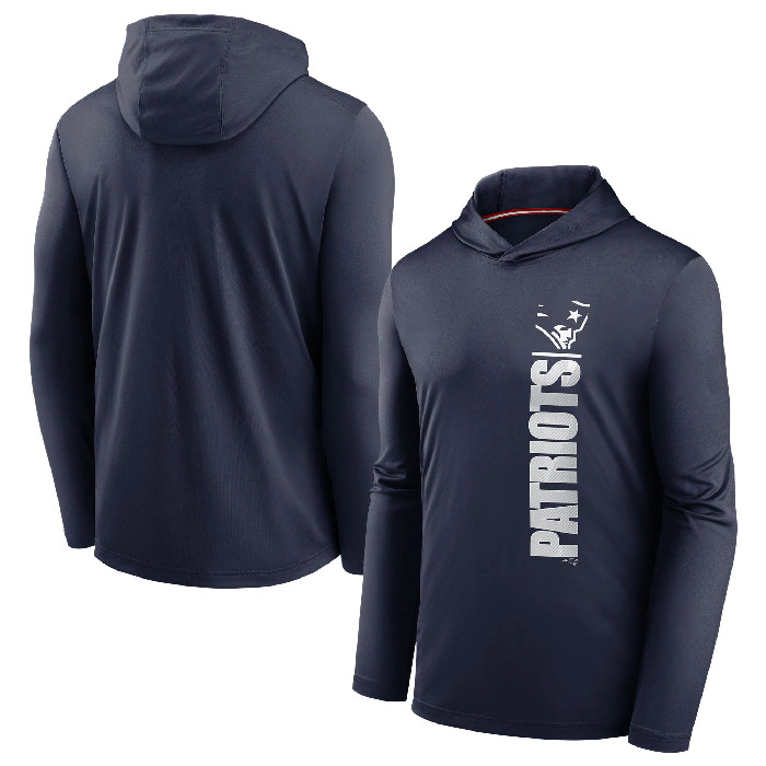 Men's New England Patriots Navy Fan Gear Team Stack Hoodie Performance Long Sleeve T-Shirt