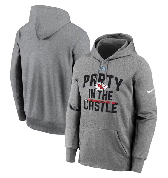 Men's Kansas City Chiefs Gray Super Bowl LVII Champions Celebration Parade Pullover Hoodie - Click Image to Close