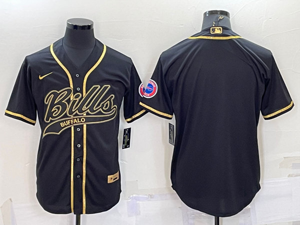 Men's Buffalo Bills Blank Black Gold With Patch Cool Base Stitched Baseball Jersey