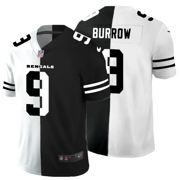 Men's Cincinnati Bengals #9 Joe Burrow Black White Split 2020 Stitched Jersey