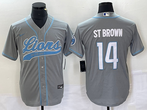 Men's Detroit Lions #14 Amon-Ra St. Brown Gray Cool Base Stitched Baseball Jersey