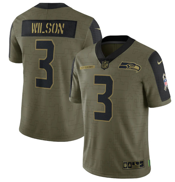 Men's Seattle Seahawks #3 Russell Wilson 2021 Olive Salute To Service Limited Stitched Jersey