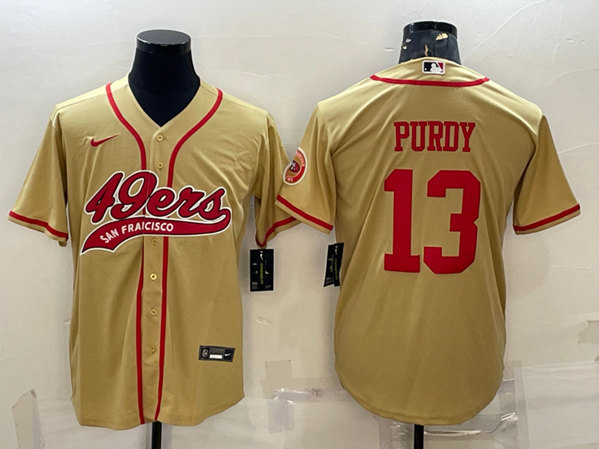 Men's San Francisco 49ers #13 Brock Purdy Gold With Patch Cool Base Stitched Baseball Jersey - Click Image to Close