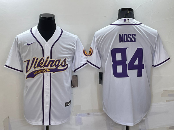 Men's Minnesota Vikings #84 Randy Moss White With Patch Cool Base Stitched Baseball Jersey - Click Image to Close