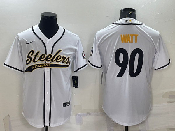 Men's Pittsburgh Steelers #90 T.J. Watt White With Patch Cool Base Stitched Baseball Jersey - Click Image to Close