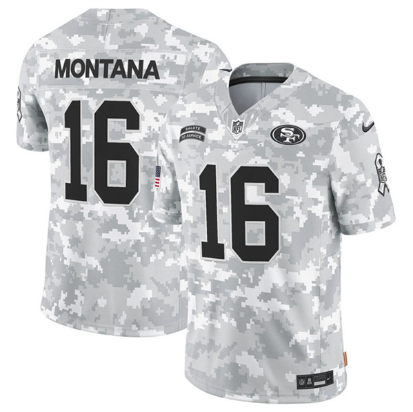 Men's San Francisco 49ers #16 Joe Montana 2024 F.U.S.E. Arctic Camo Salute to Service Limited Football Stitched Jersey