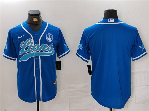 Men's Detroit Lions Blank Blue With 90th Anniversary Patch Cool Base Stitched Baseball Jersey