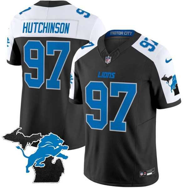 Men's Detroit Lions #97 Aidan Hutchinson Black/White F.U.S.E. 2024 Michigan Patch Vapor Limited Football Stitched Jersey