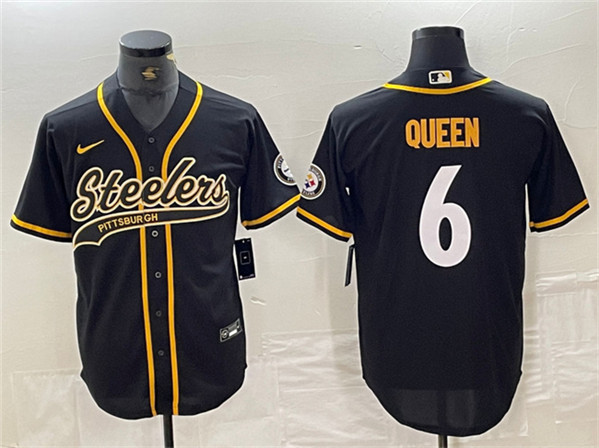 Men's Pittsburgh Steelers #6 Patrick Queen Black With Patch Cool Base Stitched Baseball Jersey - Click Image to Close