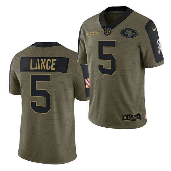 Men's San Francisco 49ers #5 Trey Lance 2021 Olive Salute To Service Limited Stitched Jersey - Click Image to Close