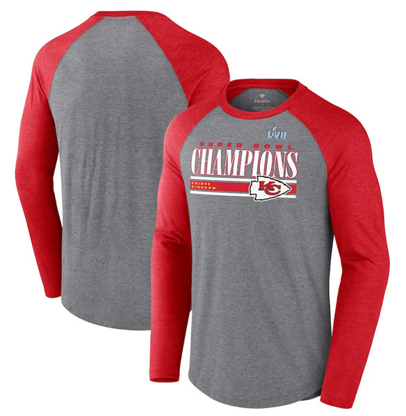 Men??s Kansas City Chiefs Gray/Red Super Bowl LVII Champions Perfect Addition Tri-Blend Raglan Long Sleeve T-Shirt