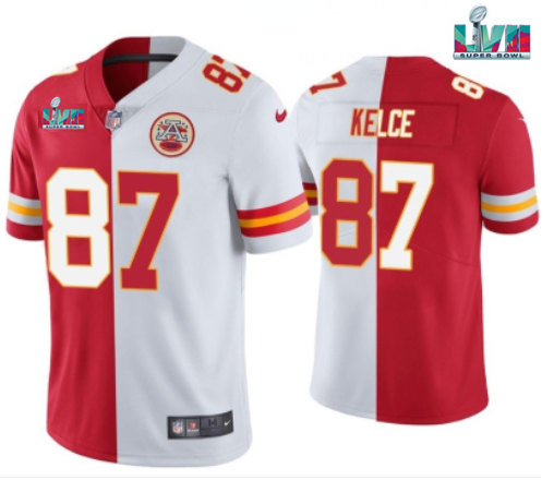 Men??s Kansas City Chiefs #87 Travis Kelce Red & White Split Super Bowl LVII Patch Limited Stitched Jersey