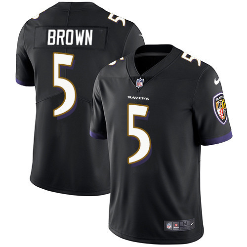 Men's Baltimore Ravens #5 Marquise Brown Black Stitched Football Jersey - Click Image to Close