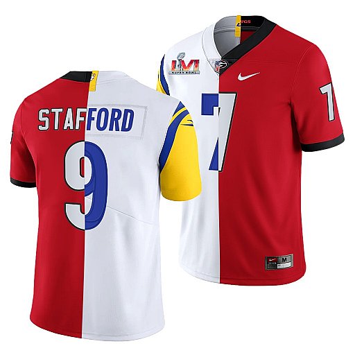 Men's Los Angeles Rams X Georgia Bulldogs #9 Matthew Stafford Red/White Split Stitched Jersey