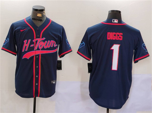 Men's Houston Texans #1 Stefon Diggs Navy With Patch Cool Base Stitched Baseball Jersey