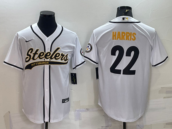 Men's Pittsburgh Steelers #22 Najee Harris White With Patch Cool Base Stitched Baseball Jersey - Click Image to Close