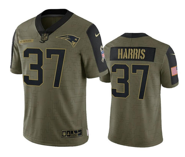 Men's New England Patriots #37 Damien Harris 2021 Salute To Service Olive Untouchable Limited Stitched Jersey - Click Image to Close