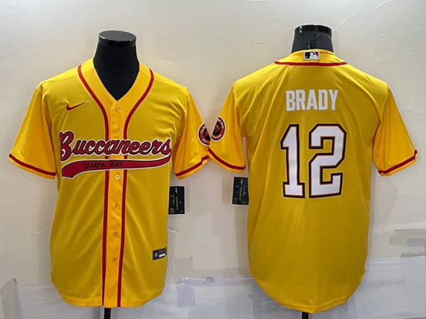 Men's Tampa Bay Buccaneers #12 Tom Brady Yellow Cool Base Stitched Baseball Jersey