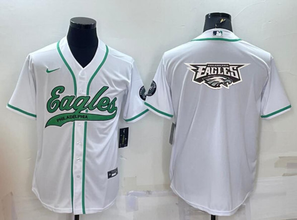 Men's Philadelphia Eagles White Team Big Logo With Patch Cool Base Stitched Baseball Jersey - Click Image to Close