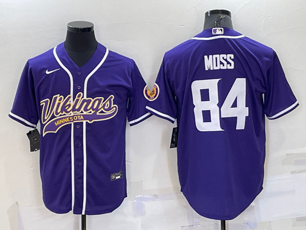 Men's Minnesota Vikings #84 Randy Moss Purple With Patch Cool Base Stitched Baseball Jersey - Click Image to Close