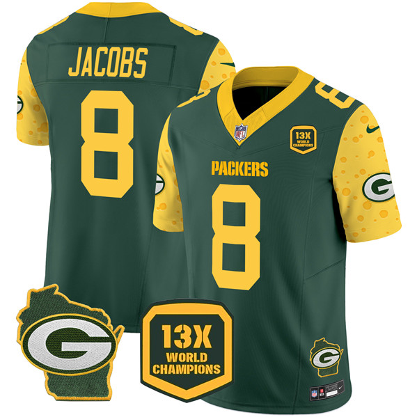 Men's Green Bay Packers #8 Josh Jacobs Green 2024 F.U.S.E. 13 Time World Champions And Home Patch Vapor Untouchable Limited Football Stitched Jersey