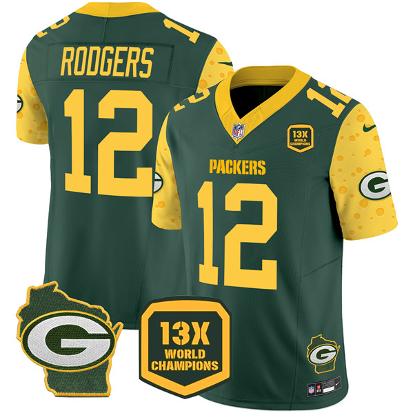 Men's Green Bay Packers #12 Aaron Rodgers Green 2024 F.U.S.E. 13 Time World Champions And Home Patch Vapor Untouchable Limited Football Stitched Jersey