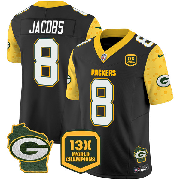 Men's Green Bay Packers #8 Josh Jacobs Black 2024 F.U.S.E. 13 Time World Champions And Home Patch Vapor Untouchable Limited Football Stitched Jersey