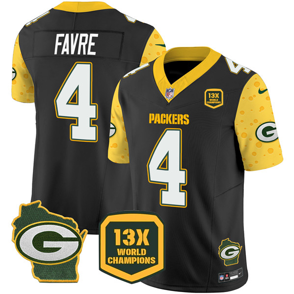 Men's Green Bay Packers #4 Brett Favre Black 2024 F.U.S.E. 13 Time World Champions And Home Patch Vapor Untouchable Limited Football Stitched Jersey