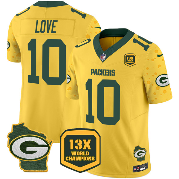 Men's Green Bay Packers #10 Jordan Love Gold 2024 F.U.S.E. 13 Time World Champions And Home Patch Vapor Untouchable Limited Football Stitched Jersey