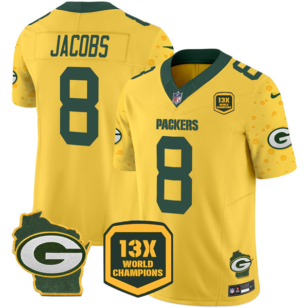 Men's Green Bay Packers #8 Josh Jacobs Gold 2024 F.U.S.E. 13 Time World Champions And Home Patch Vapor Untouchable Limited Football Stitched Jersey