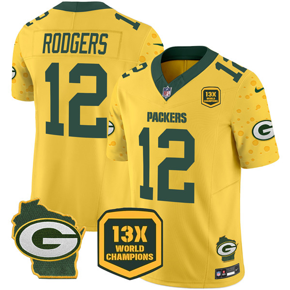 Men's Green Bay Packers #12 Aaron Rodgers Gold 2024 F.U.S.E. 13 Time World Champions And Home Patch Vapor Untouchable Limited Football Stitched Jersey