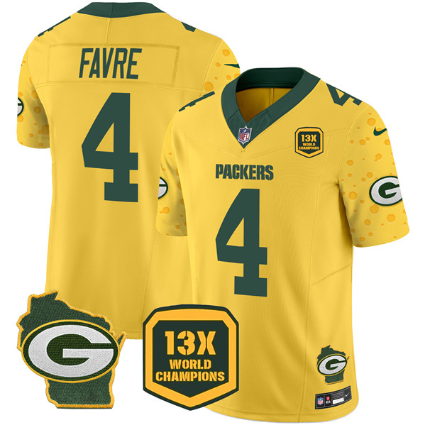 Men's Green Bay Packers #4 Brett Favre Gold 2024 F.U.S.E. 13 Time World Champions And Home Patch Vapor Untouchable Limited Football Stitched Jersey